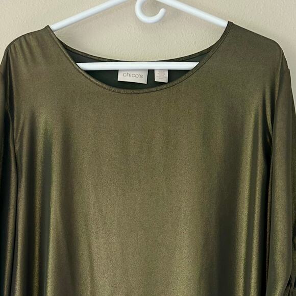 Chico’s asymmetric metallic olive green tunic holiday party Whimsigoth fairy XL - Picture 6 of 13